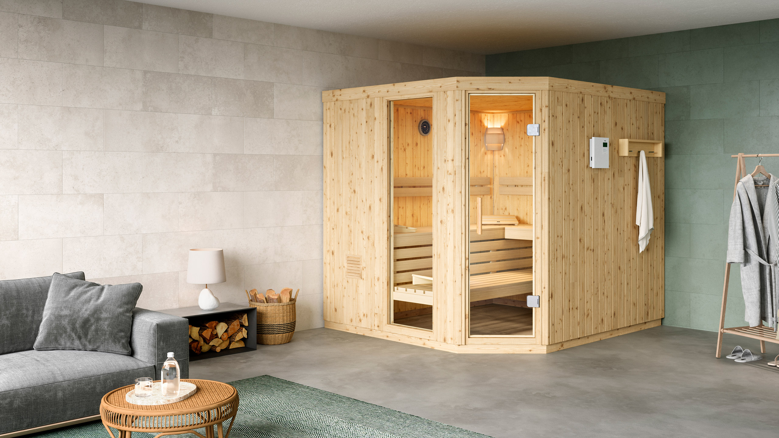 Sauna Origo in 5-Eck-Variante mit Glaselement Sauna Origo in 5-Eck-Variante mit Glaselement